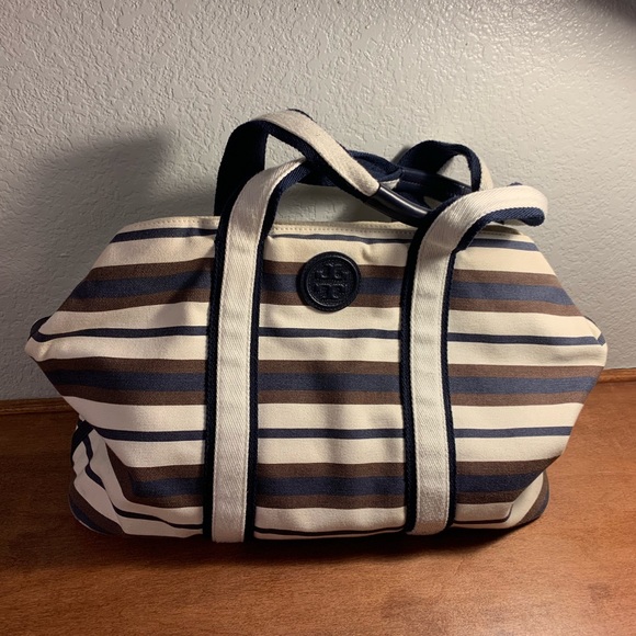 Tory Burch Handbags - Tory Burch Striped Canvas Tote - Navy, Brown